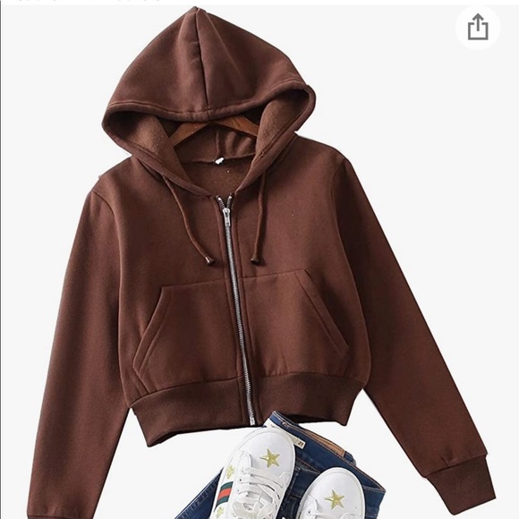 Amazon Tops - Chocolate Brown - Cropped Zip Up Hoodie